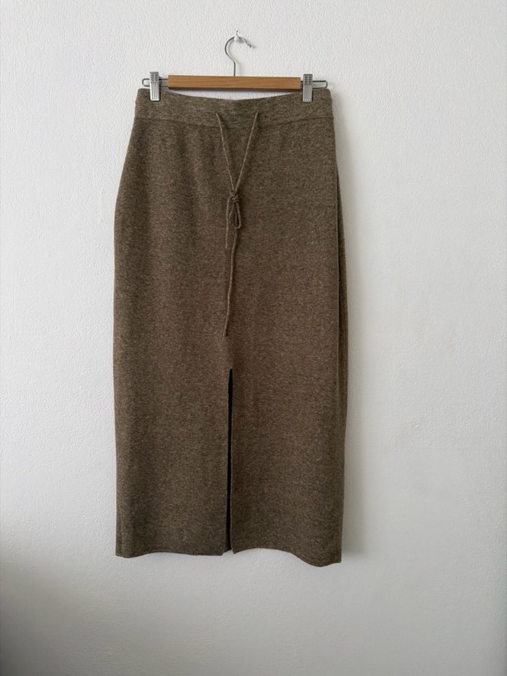 Mango Olive-Brown Knit Midi Skirt with Center Slit